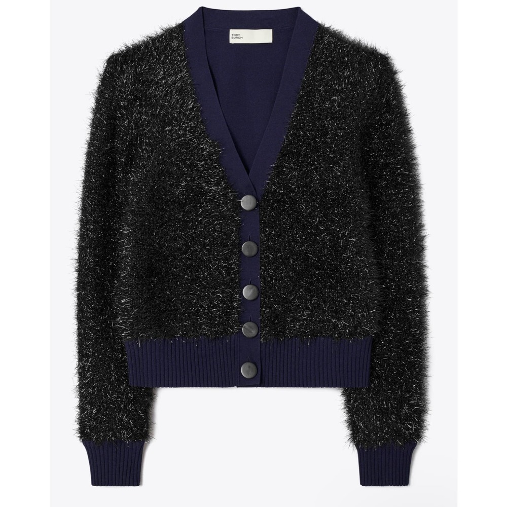 Tory Burch Cardigan Women L Black Iridescent Sparkle Cropped Boxy 2022 $598